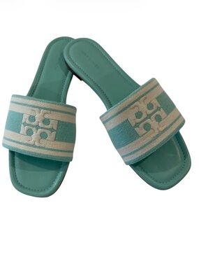 Tory Burch Slide Sandals New Size 8 Turquoise White logo summer classic